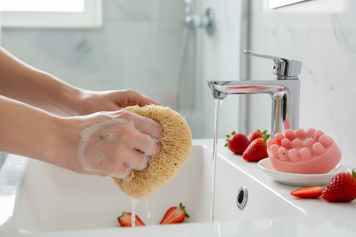 Washing with Strawberry Luffa Soap