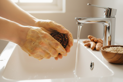 Washing with Turmeric Oatmeal Soap